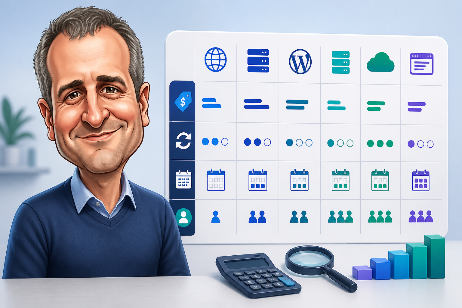 Caricatura de Marcio diante de uma tabela que compara preço inicial, renovação, ciclo e recursos de serviços para sites