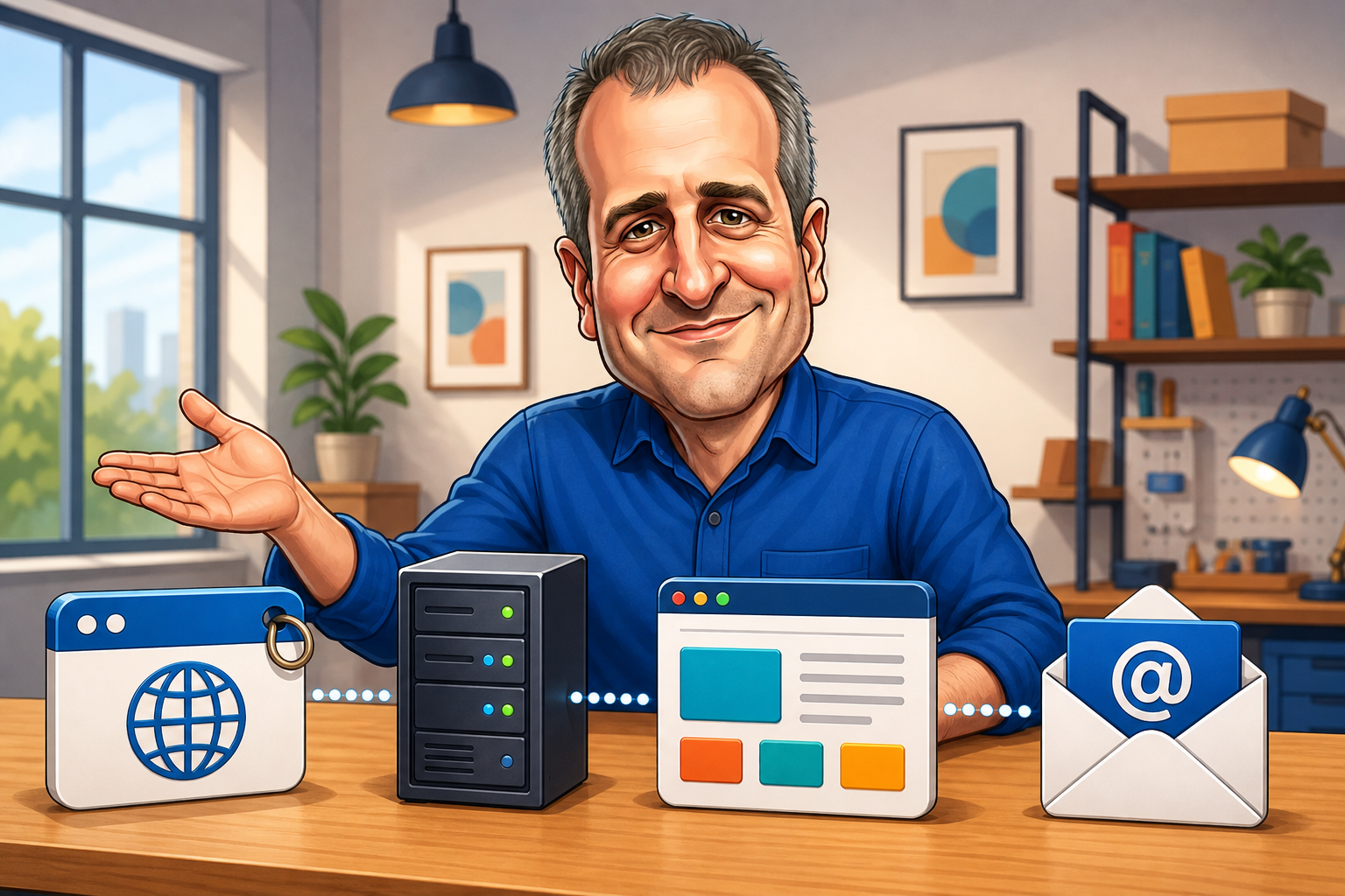 Marcio apresentando domínio, servidor, site e e-mail como partes diferentes da presença digital
