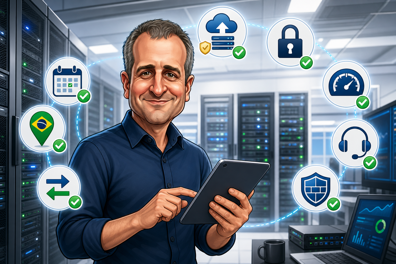 Marcio verificando backup, SSL, uptime, suporte, migração e localização do servidor