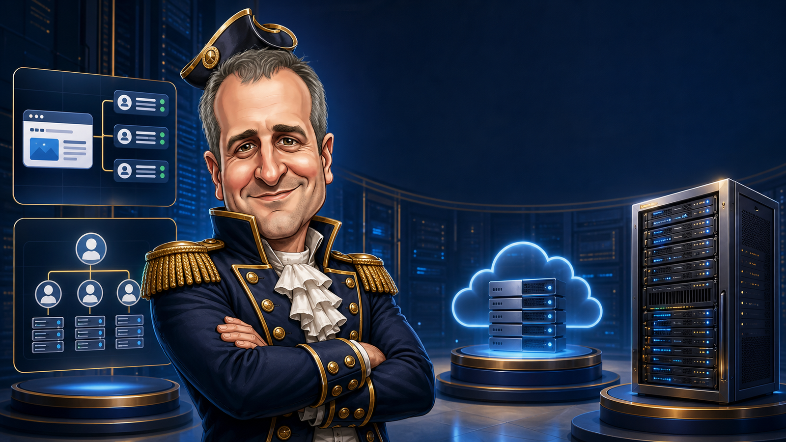 Caricatura de Marcio como comandante digital entre hospedagem compartilhada, revenda, cloud VPS e servidor físico