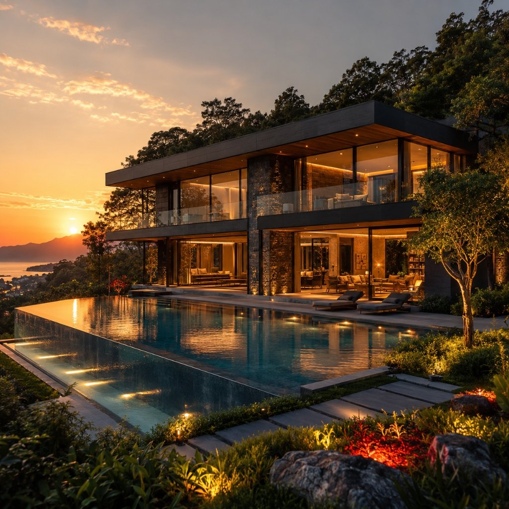 Mansão Contemporânea com Piscina de Borda Infinita ao Pôr do Sol
