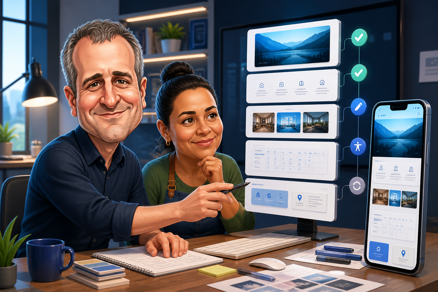 Caricatura de Marcio orientando uma empreendedora durante a criação e revisão de um site responsivo com inteligência artificial