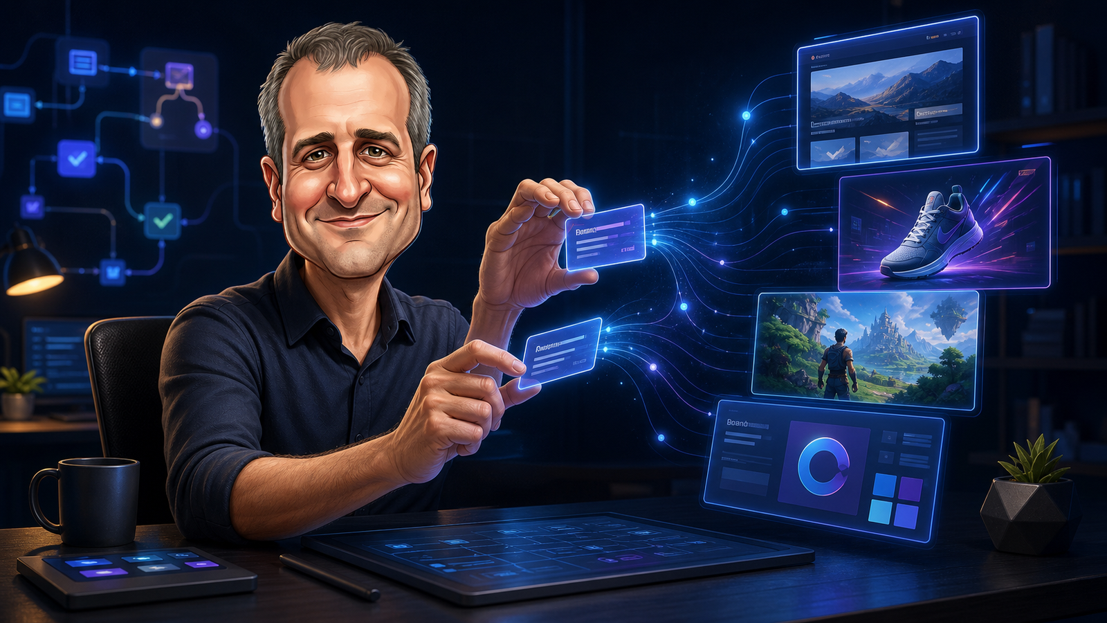 Caricatura de Marcio organizando prompts para criar imagens, sites e jogos